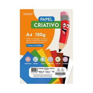 Papel Criativo A4 120g Pauta Branca com 8 cores vibrantes e 24 folhas coloridas frente e verso, ideal para atividades escolares e artesanato.